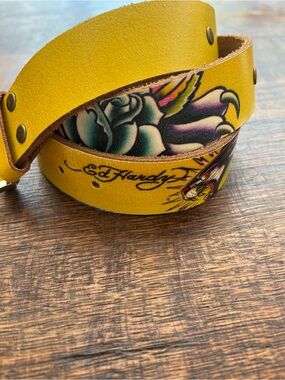 Ed Hardy Yellow Leather Tattoo-Print Wrap Belt